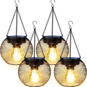 Solar Lanterns Outdoor Waterproof 4 Pack, Upgraded Metal Solar Hanging Lights with Hooks & Auto On/Off, Brighter Warm Outdoor Hanging Lantern Lighting for Porch Garden Yard Pathway Decor