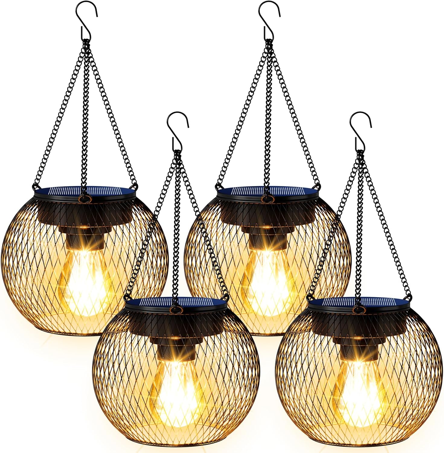 Solar Lanterns Outdoor Waterproof 4 Pack, Upgraded Metal Solar Hanging Lights with Hooks & Auto On/Off, Brighter Warm Outdoor Hanging Lantern Lighting for Porch Garden Yard Pathway Decor