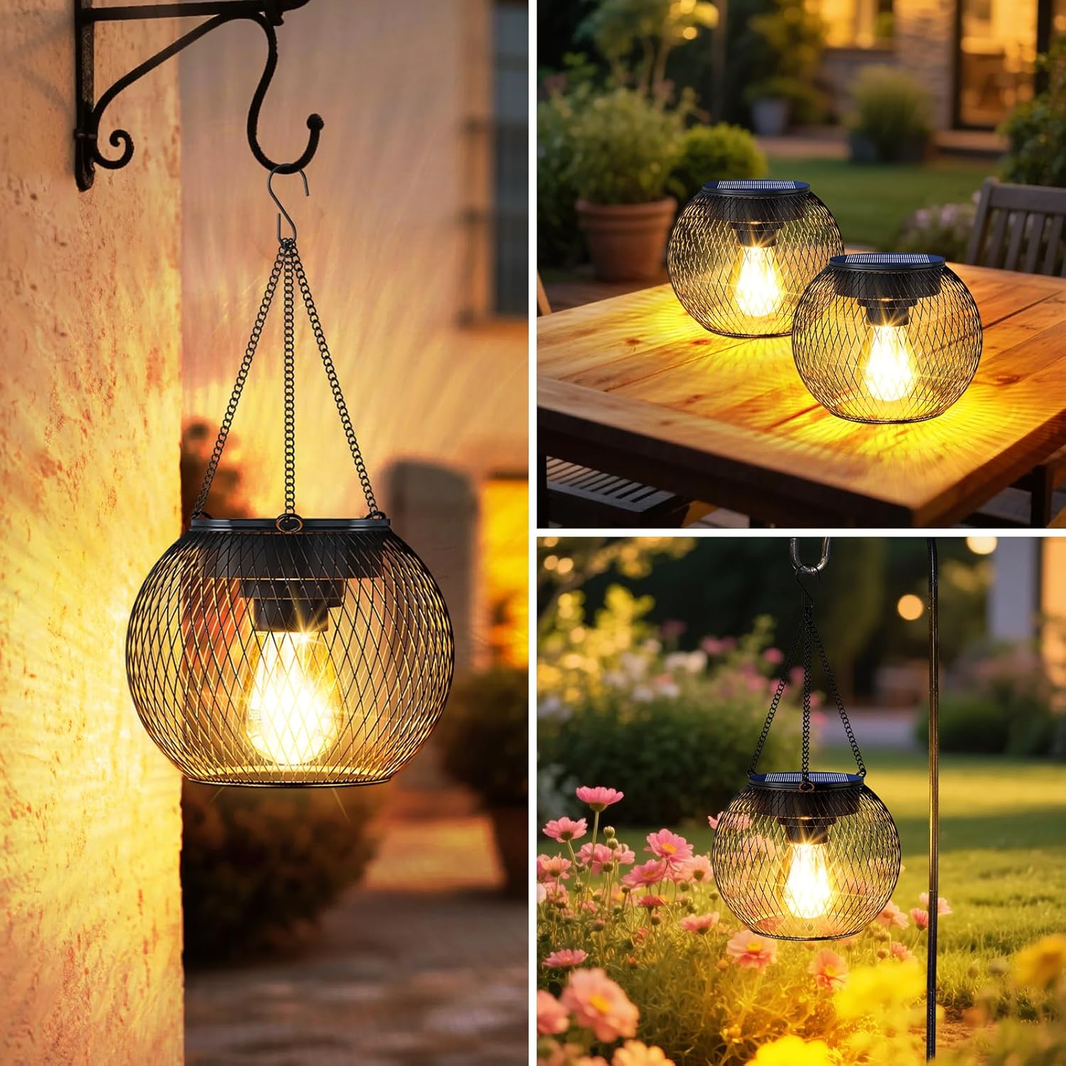 Solar Lanterns Outdoor Waterproof 4 Pack, Upgraded Metal Solar Hanging Lights with Hooks & Auto On/Off, Brighter Warm Outdoor Hanging Lantern Lighting for Porch Garden Yard Pathway Decor - Image 2