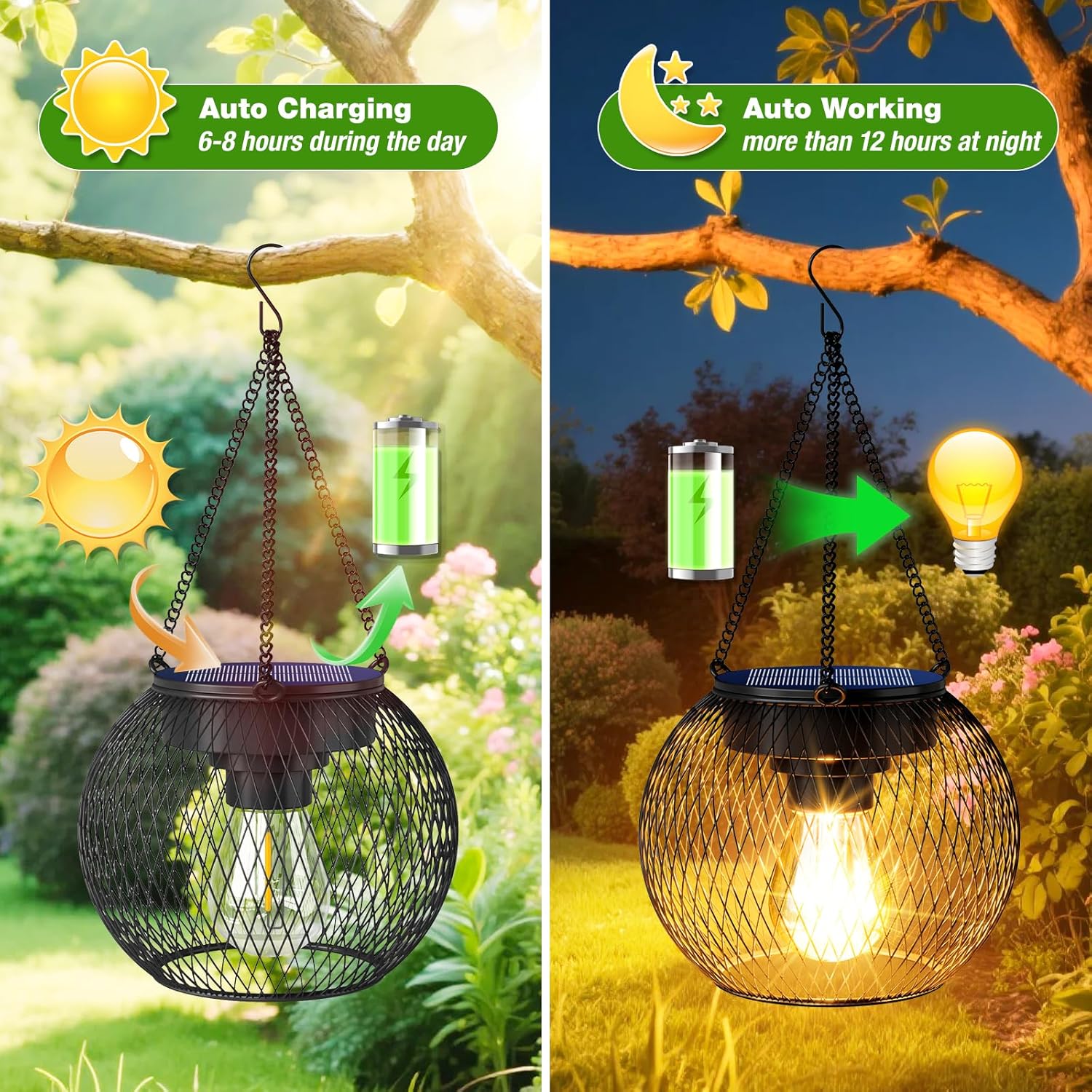 Solar Lanterns Outdoor Waterproof 4 Pack, Upgraded Metal Solar Hanging Lights with Hooks & Auto On/Off, Brighter Warm Outdoor Hanging Lantern Lighting for Porch Garden Yard Pathway Decor - Image 3