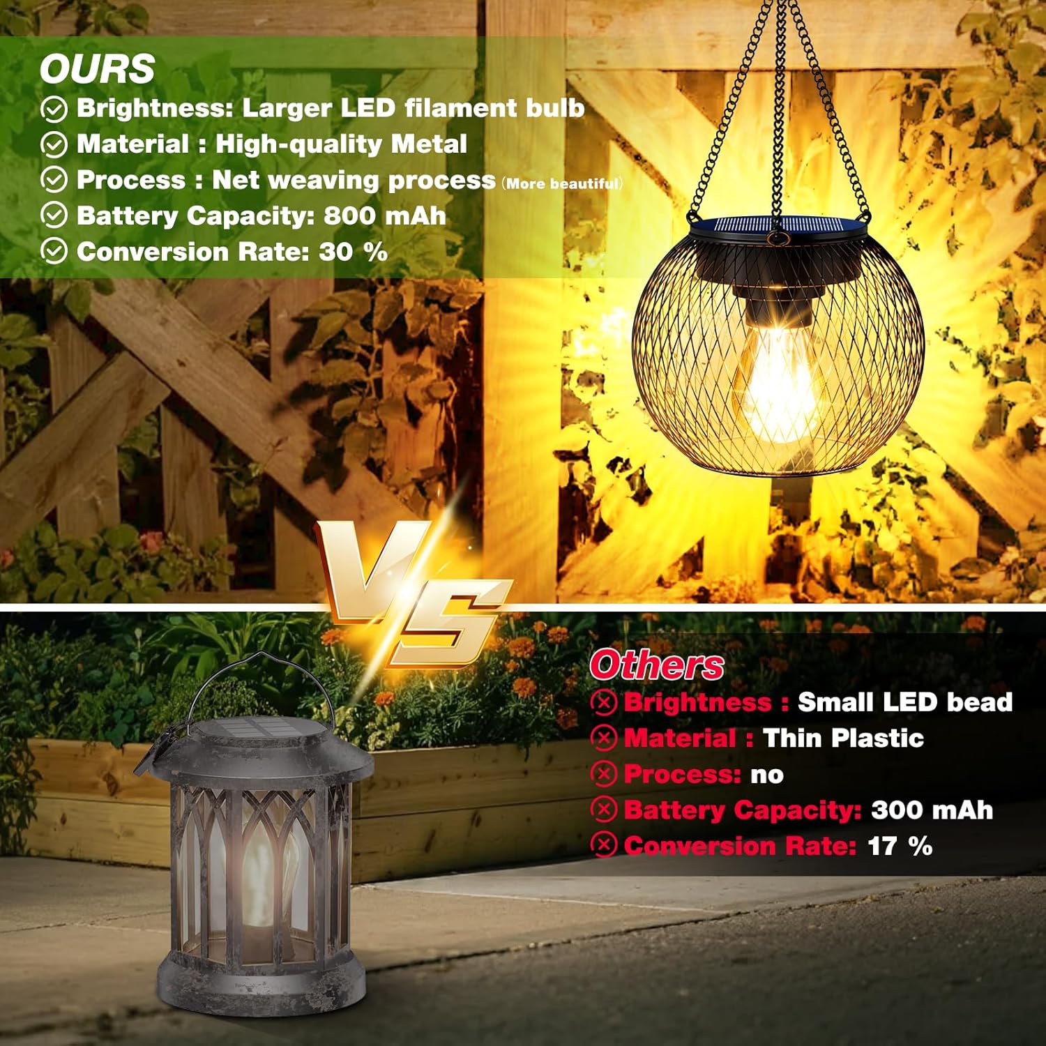 Solar Lanterns Outdoor Waterproof 4 Pack, Upgraded Metal Solar Hanging Lights with Hooks & Auto On/Off, Brighter Warm Outdoor Hanging Lantern Lighting for Porch Garden Yard Pathway Decor - Image 5